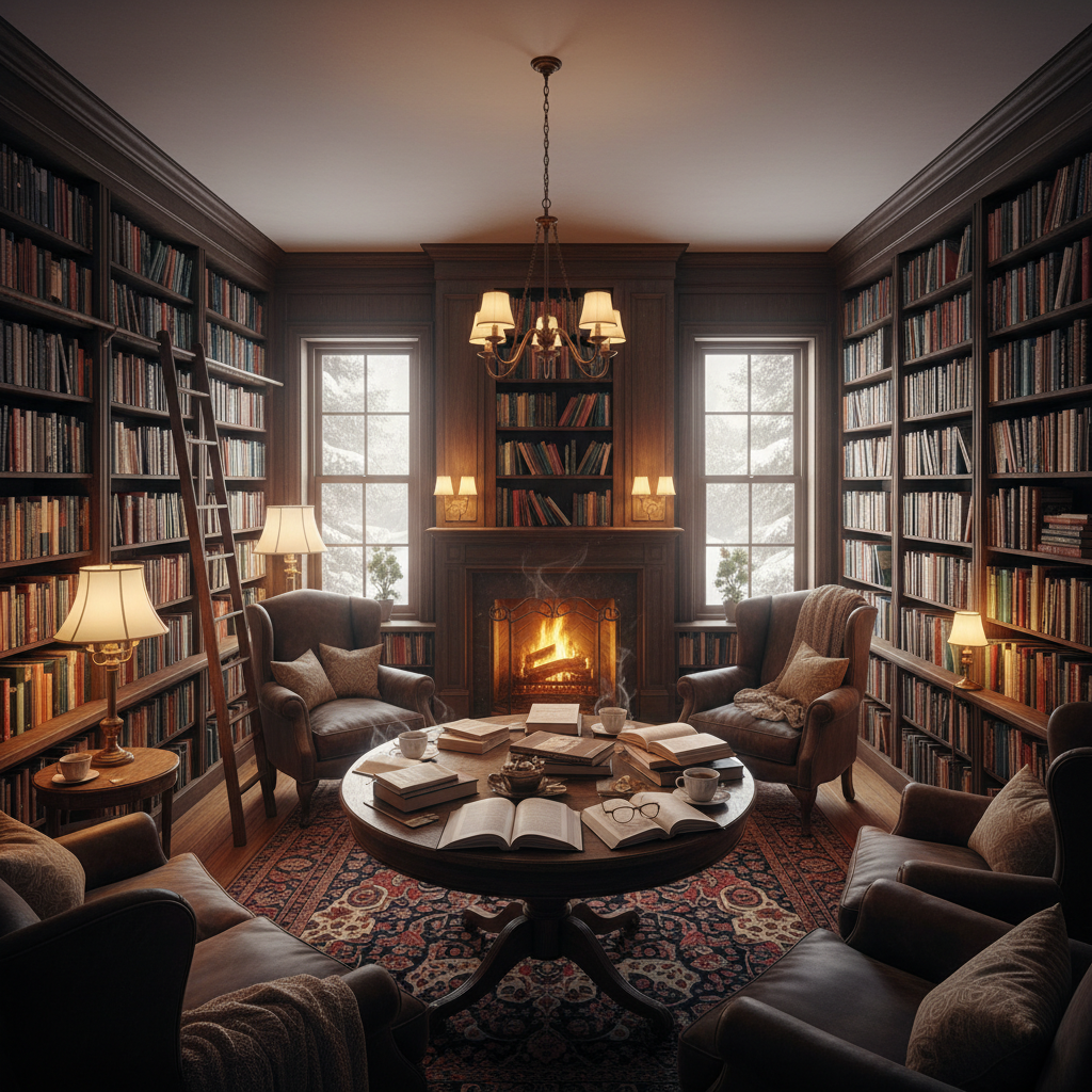 Beautiful cozy library with warm lighting and shelves filled with colorful books